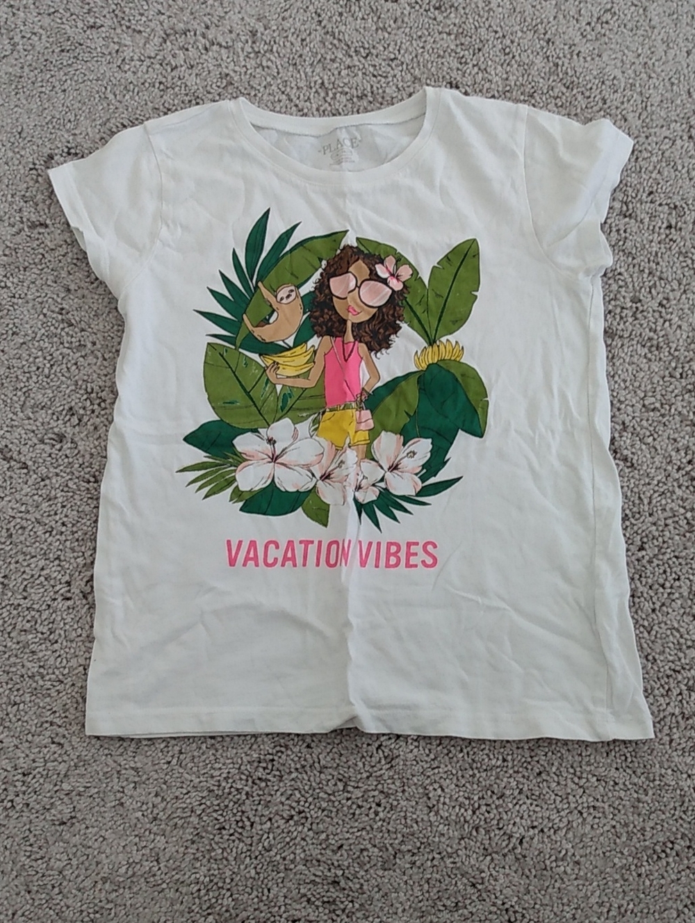 Place White Tee with Pink & Green Tropical Graphic